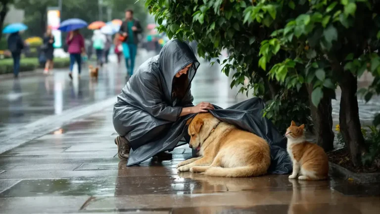 Een toerist koopt het ideale accessoire voor de hond die alleen is achtergelaten in de stromende regen